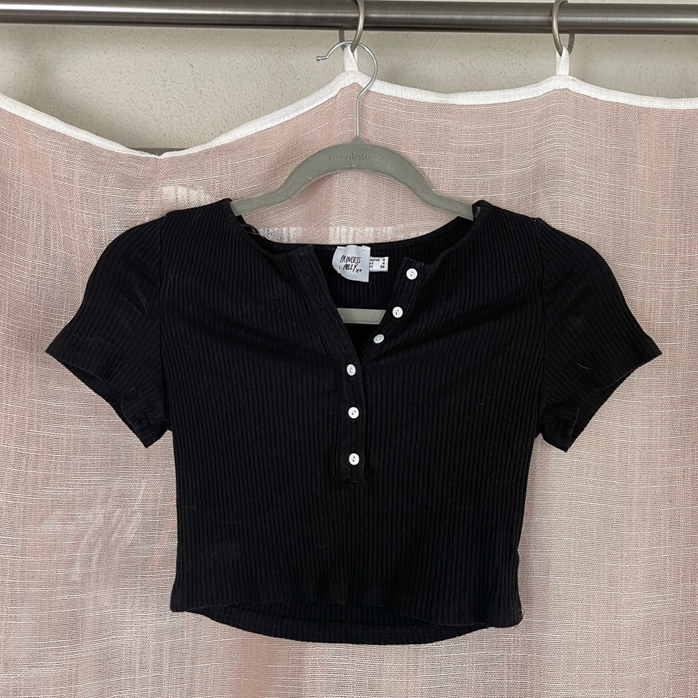 Princess Polly Black Cropped T-Shirt with Buttons